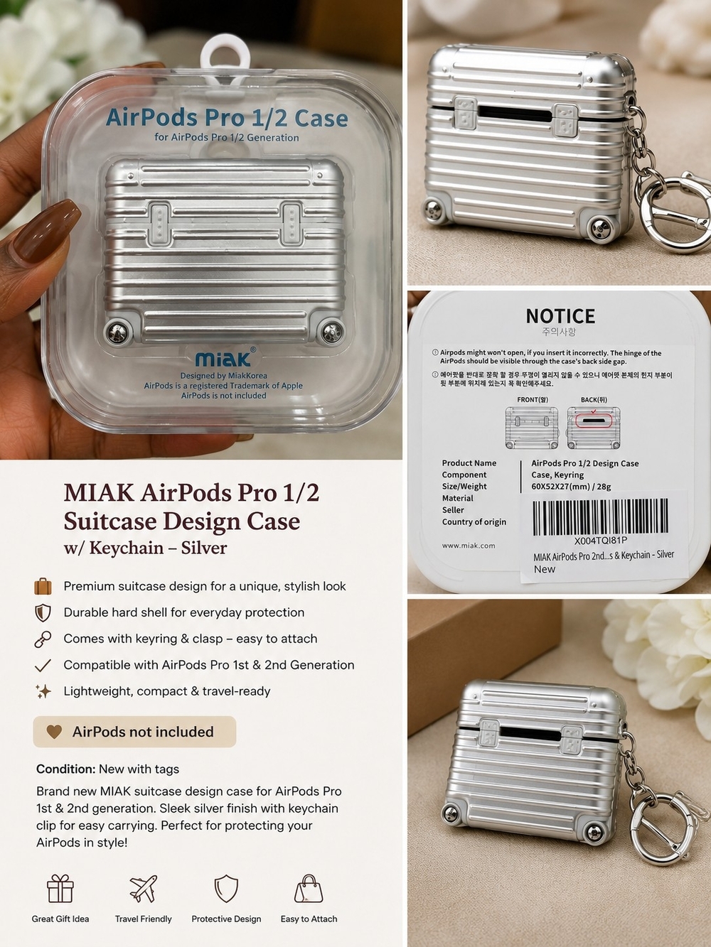 MIAK Silver Suitcase AirPods Pro 1/2 Case w/ Keychain – New